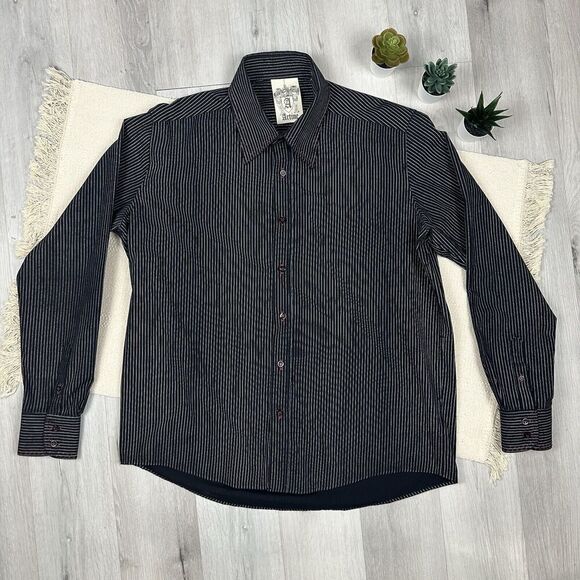 Artine Mens Pinstripe Shirt Crystals Embroidery Black Size XXL Rhinestones READ - Picture 1 of 9